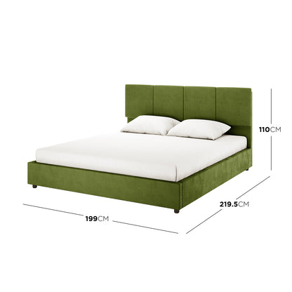 Emina Velvet Bed Frame - Jade Green King features a plush, moss-green upholstered headboard, white mattress, and pillows. Dimensions: 199 cm wide, 219.5 cm deep, 110 cm high.