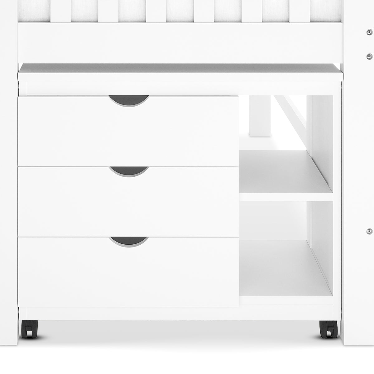 Erin Kids Single Solid Wood Storage Loft Bed in White features a compact, all-white rolling storage unit with three pull-out drawers and two open shelves, ideal for under-bed organization.