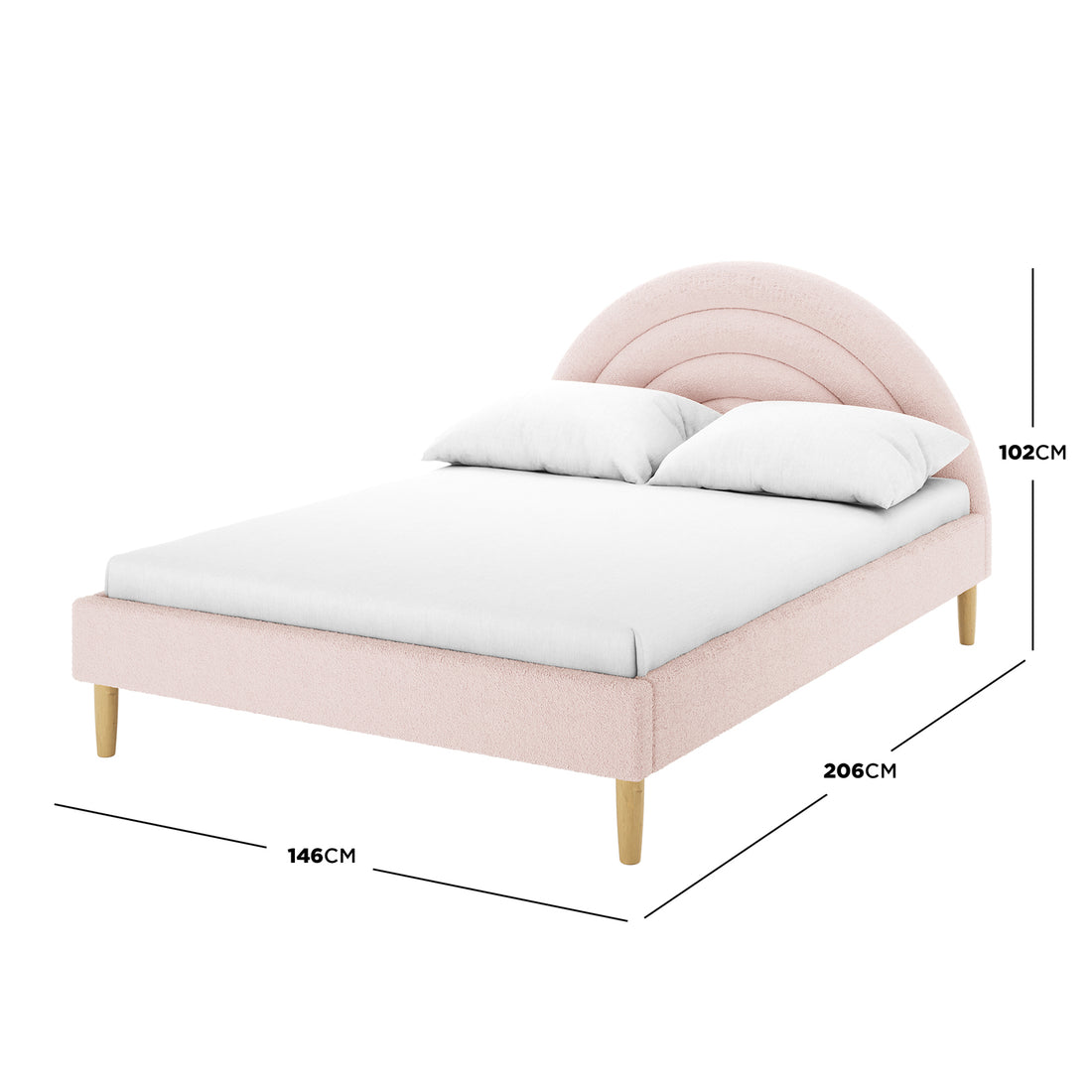 Estilla Double Rainbow Boucle Bed Frame in Ice Blue features a soft pink rainbow-style headboard, upholstered in boucle fabric, with tapered wooden legs, showcasing dimensions of 146x206x102 cm.