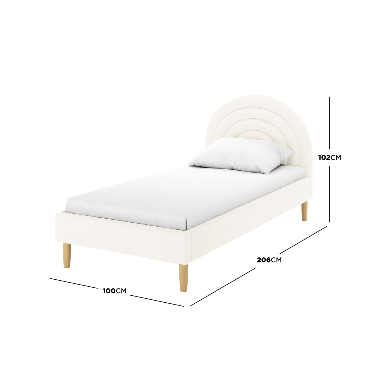 Estilla Single Rainbow Boucle Bed Frame in Cream White, featuring a half-circle headboard, soft boucle upholstery, four light wood legs, and dimensions of 206 x 100 x 102 cm.