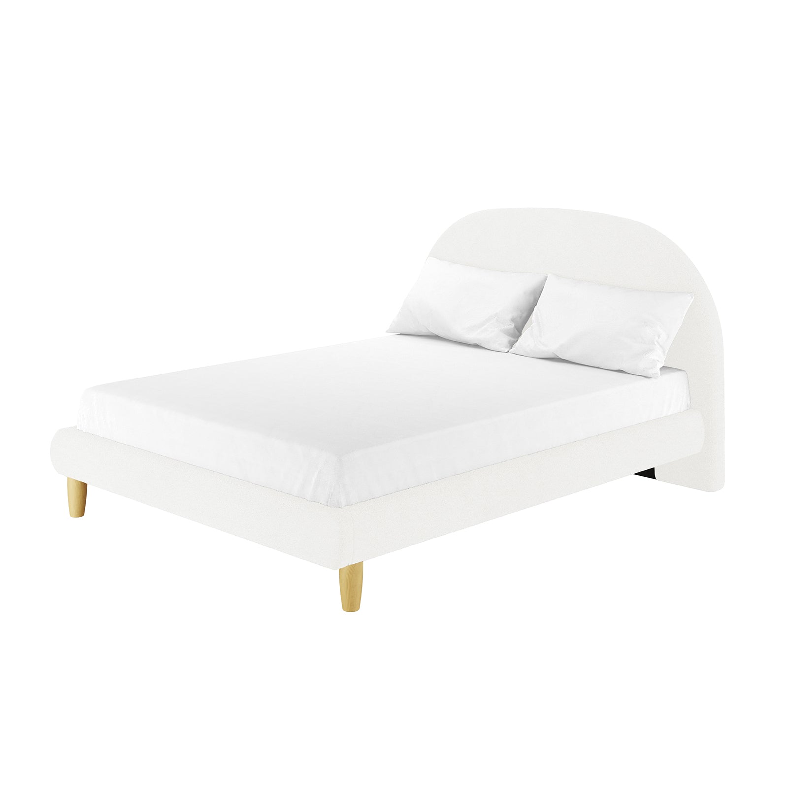 Fausta Bouclé Bed Frame with Arch Headboard features a minimalist design, upholstered in soft white fabric with a gently curved headboard, matching side rails, and supported by tapered wooden legs.