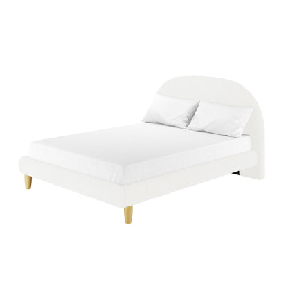 Fausta Bouclé Bed Frame with Arch Headboard features a minimalist design, upholstered in soft white fabric with a gently curved headboard, matching side rails, and supported by tapered wooden legs.