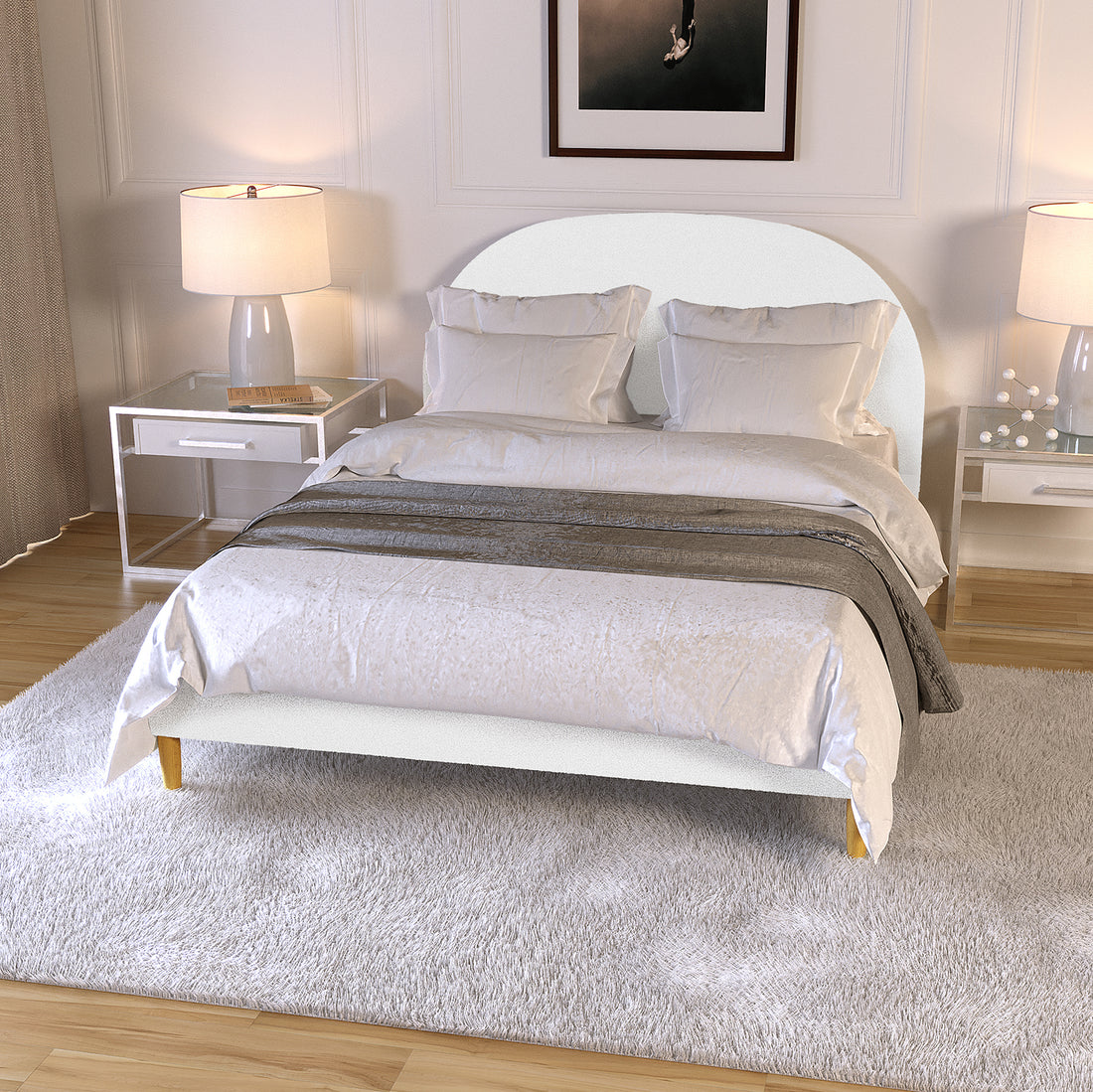 Fausta Bouclé Bed Frame with Arch Headboard - Cream White Double in a modern bedroom, featuring a softly curved headboard, crisp white bedding, and matching nightstands with ceramic lamps.