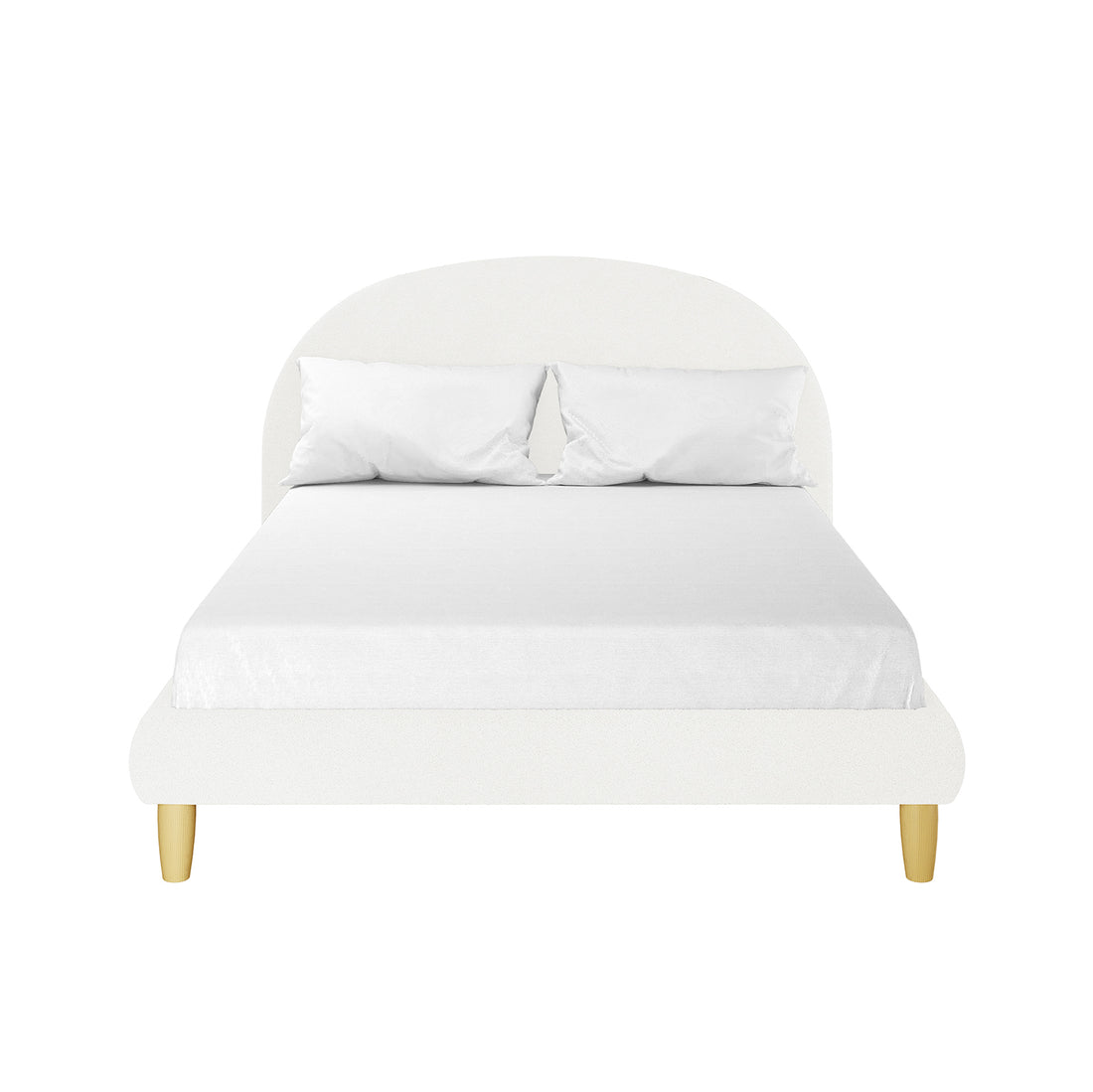 Fausta Bouclé Bed Frame with Arch Headboard - Cream White Double features a low-profile upholstered frame with a rounded headboard and white bedding, supported by four short, light-wooden legs.