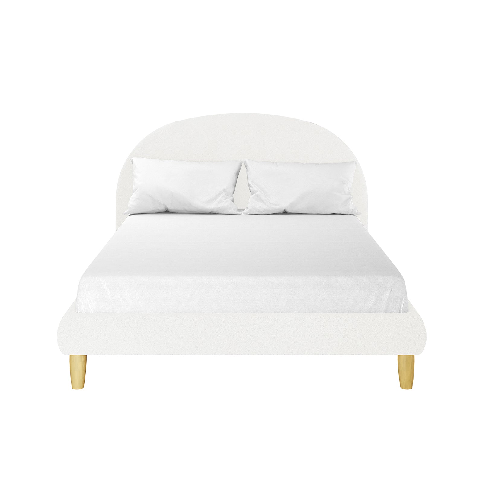 Fausta Bouclé Bed Frame with Arch Headboard - Cream White Double features a low-profile upholstered frame with a rounded headboard and white bedding, supported by four short, light-wooden legs.