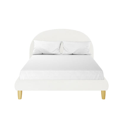 Fausta Bouclé Bed Frame with Arch Headboard - Cream White Double features a low-profile upholstered frame with a rounded headboard and white bedding, supported by four short, light-wooden legs.
