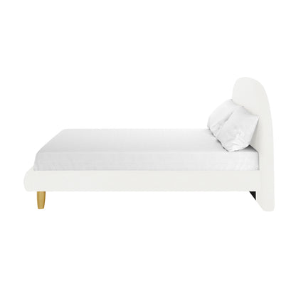 Fausta Bouclé Bed Frame with Arch Headboard - Cream White Double, featuring a minimalist design with a rounded headboard, two pillows, and a mattress on light wood legs.