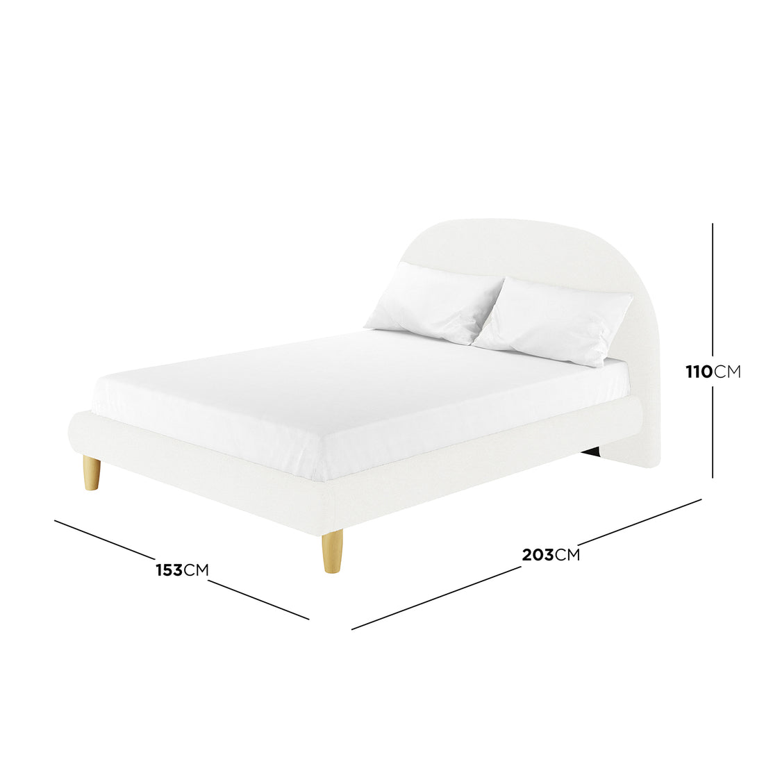 Fausta Bouclé Bed Frame with Arch Headboard - Cream White Double features a low-profile design with a rounded headboard, white pillows, and natural-wood tapered legs, measuring 153cm wide, 203cm long, and 110cm tall.