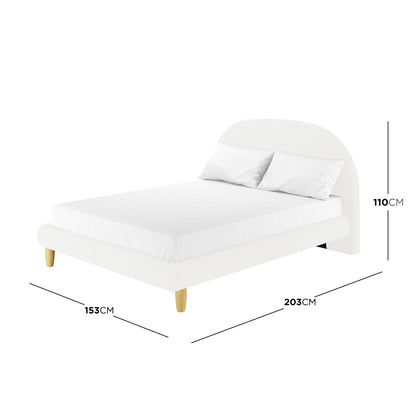 Fausta Bouclé Bed Frame with Arch Headboard - Cream White Double features a low-profile design with a rounded headboard, white pillows, and natural-wood tapered legs, measuring 153cm wide, 203cm long, and 110cm tall.