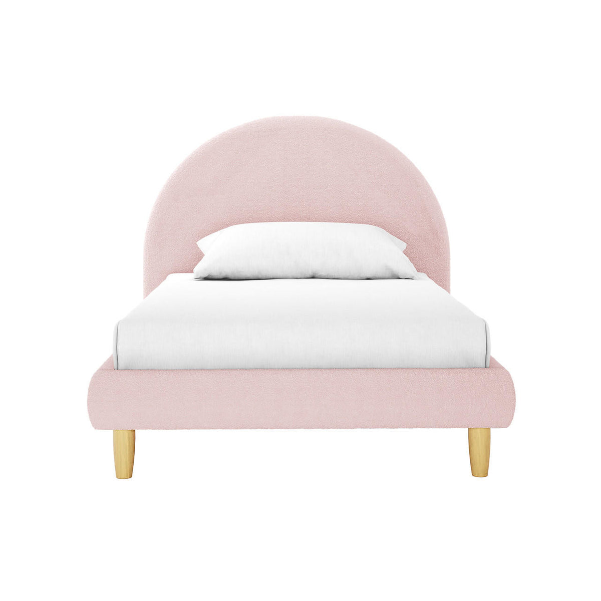 Fausta King Single Arched Bouclé Bed Frame in Light Pink features a soft pink upholstered arch-style headboard, white mattress, and four light-wooden legs, offering a luxurious and cozy bedroom centerpiece.