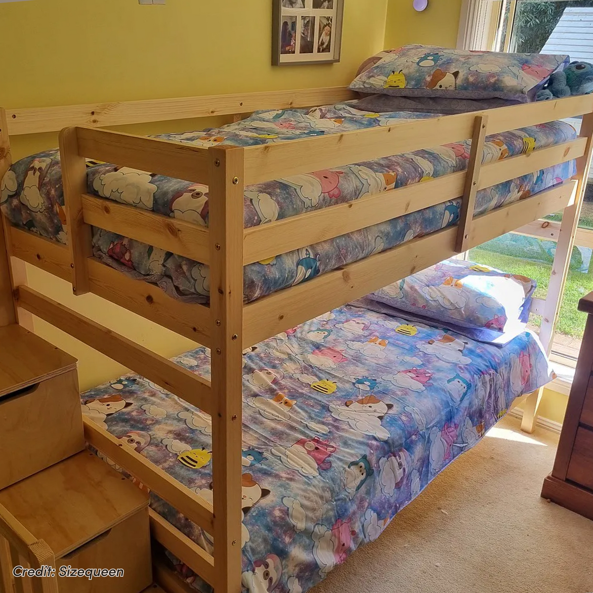 Galla Staircase Storage Bunk Bed in natural solid pine wood with integrated staircase drawers, side shelves, and slatted