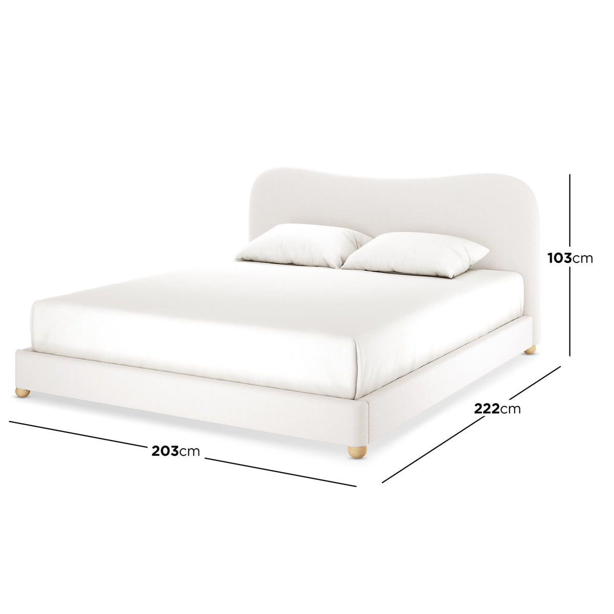 Ginnie Bouclé Curved King Bed Frame – Cream White, showcasing a minimalist design with a curved headboard, upholstered in light-neutral fabric. It features short wooden legs and includes a mattress with two pillows.