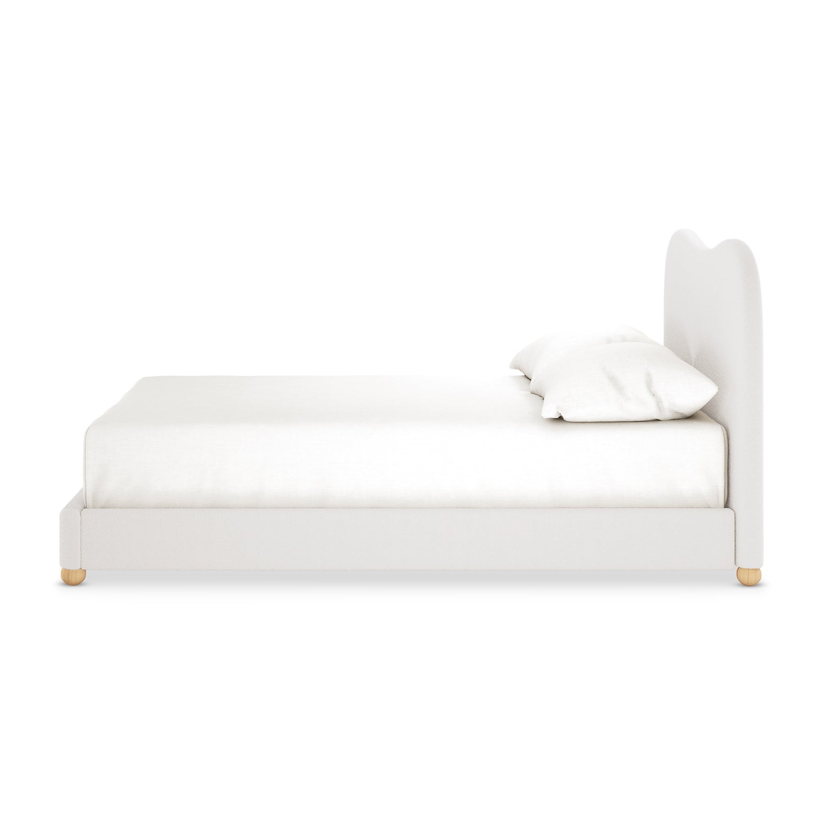 Ginnie Boucle Bed & Oriona Mattress - Double Cream, featuring a curved headboard with plush boucle fabric, paired with a supportive mattress, designed for comfort and modern bedroom aesthetics.