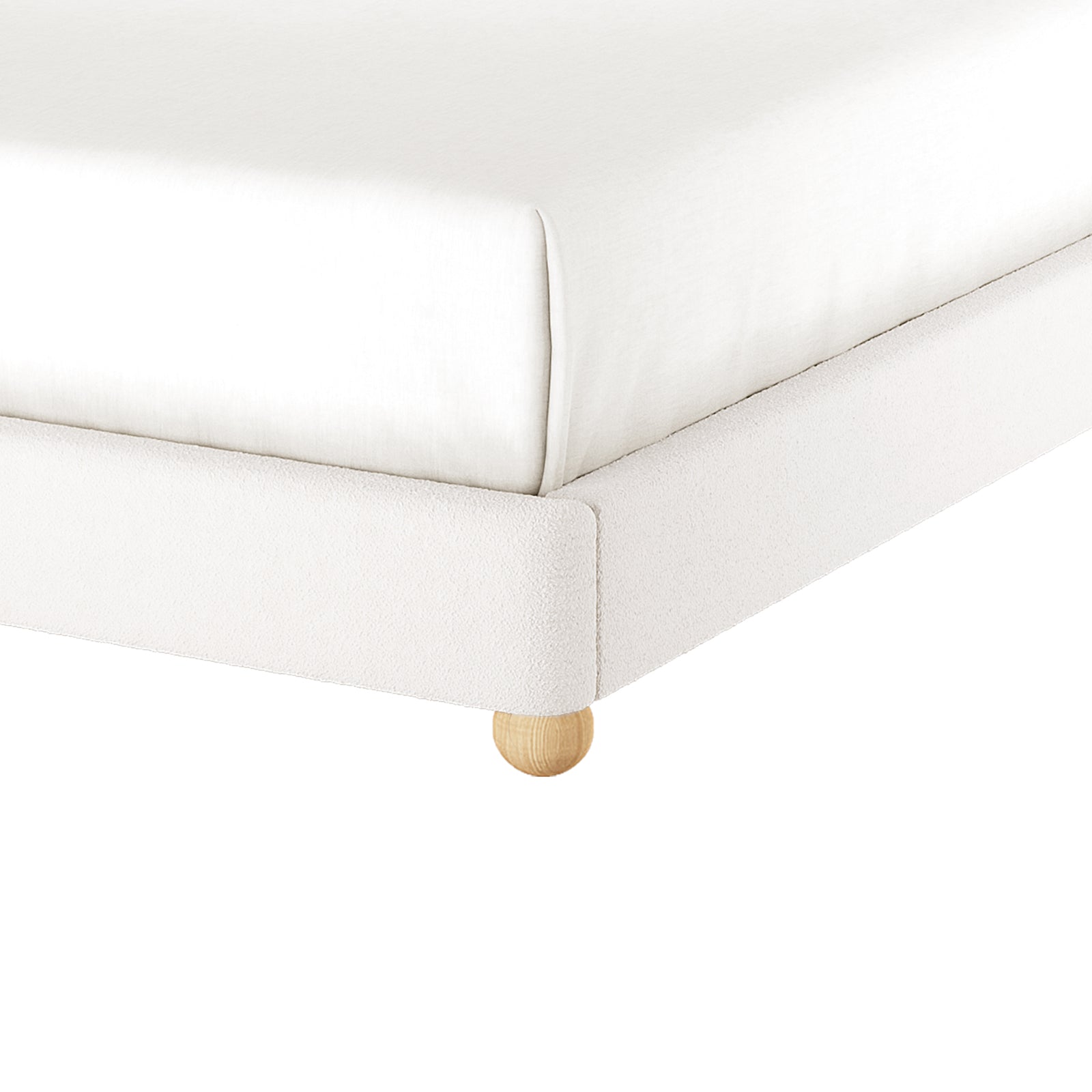 Ginnie Boucle Bed & Oriona Mattress - Double Cream; features a plush, curved headboard with luxurious bouclé fabric, paired with a 25cm thick mattress designed for optimal comfort and support.