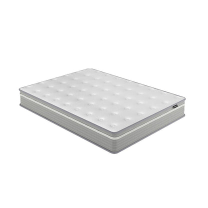 Ginnie Boucle Bed & Oriona Mattress - Double Cream: Elegant curved bed with plush headboard, paired with a thick, supportive mattress featuring cool gel memory foam and pocket springs for ultimate comfort.