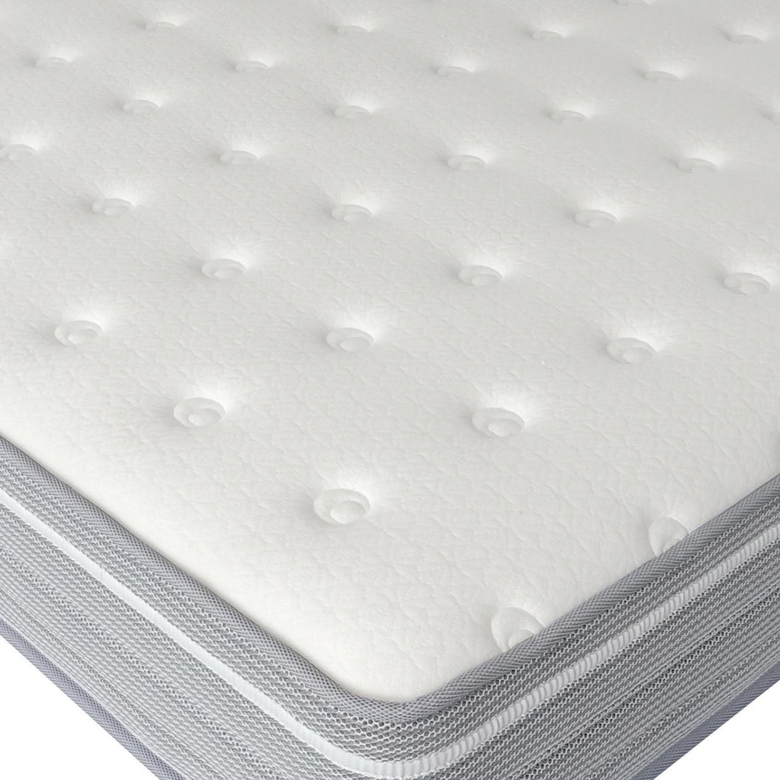 Close-up of the Ginnie Boucle Bed & Oriona Mattress - Double Cream, showcasing the plush bouclé fabric bed frame and the textured surface of the cool gel mattress.