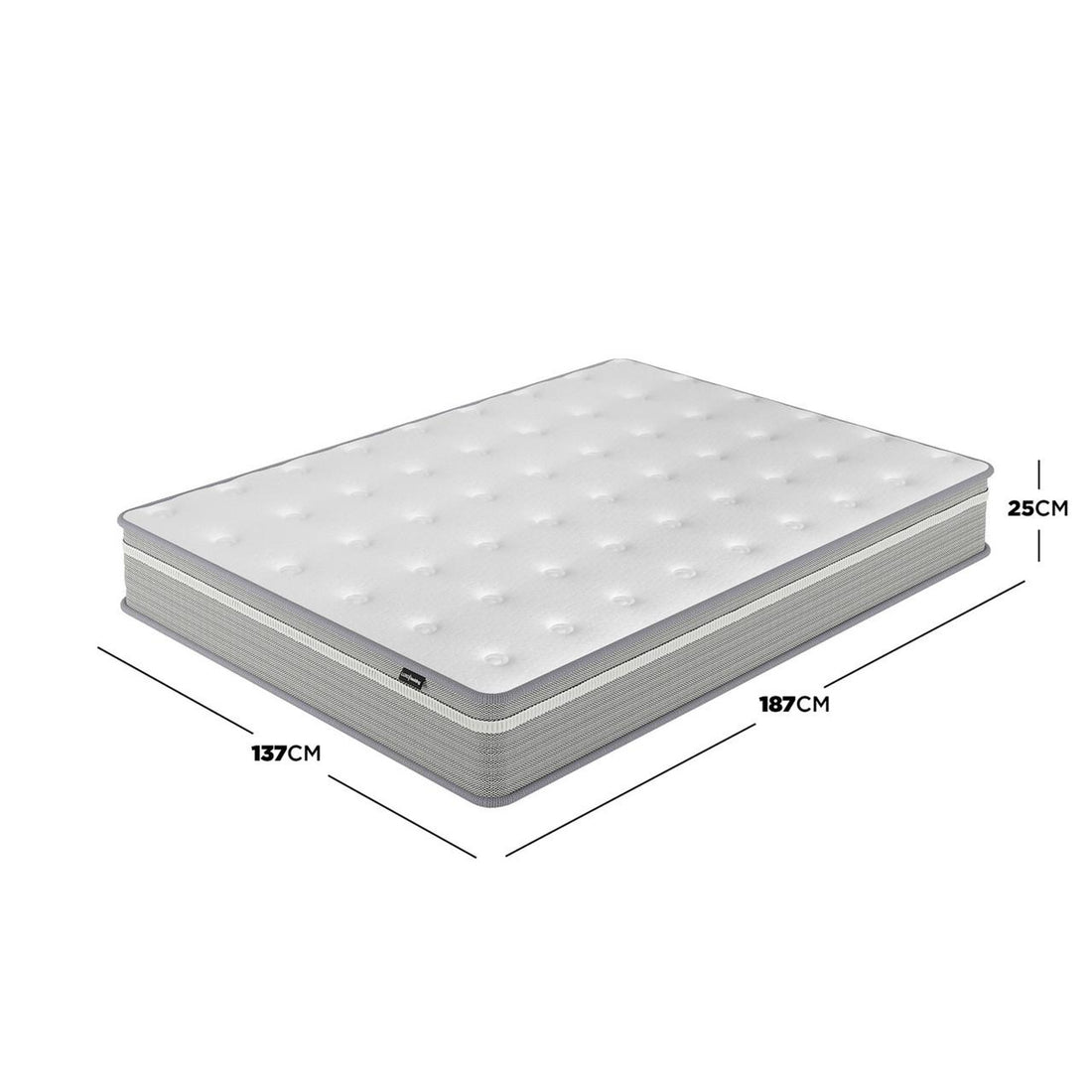 Ginnie Boucle Bed & Oriona Mattress - Double Cream, featuring a plush curved headboard, luxurious bouclé fabric, and a 25cm thick mattress with cool gel pocket springs showcased with dimensions and measurements.