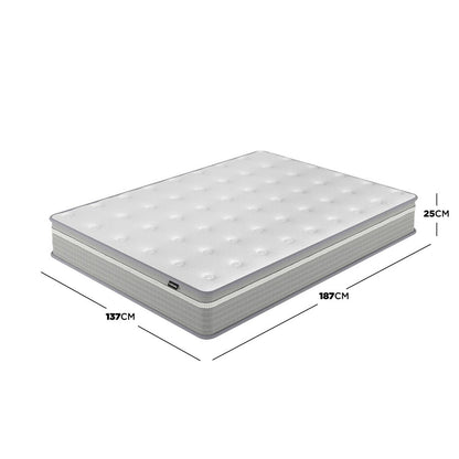 Ginnie Boucle Bed & Oriona Mattress - Double Cream, featuring a plush curved headboard, luxurious bouclé fabric, and a 25cm thick mattress with cool gel pocket springs showcased with dimensions and measurements.