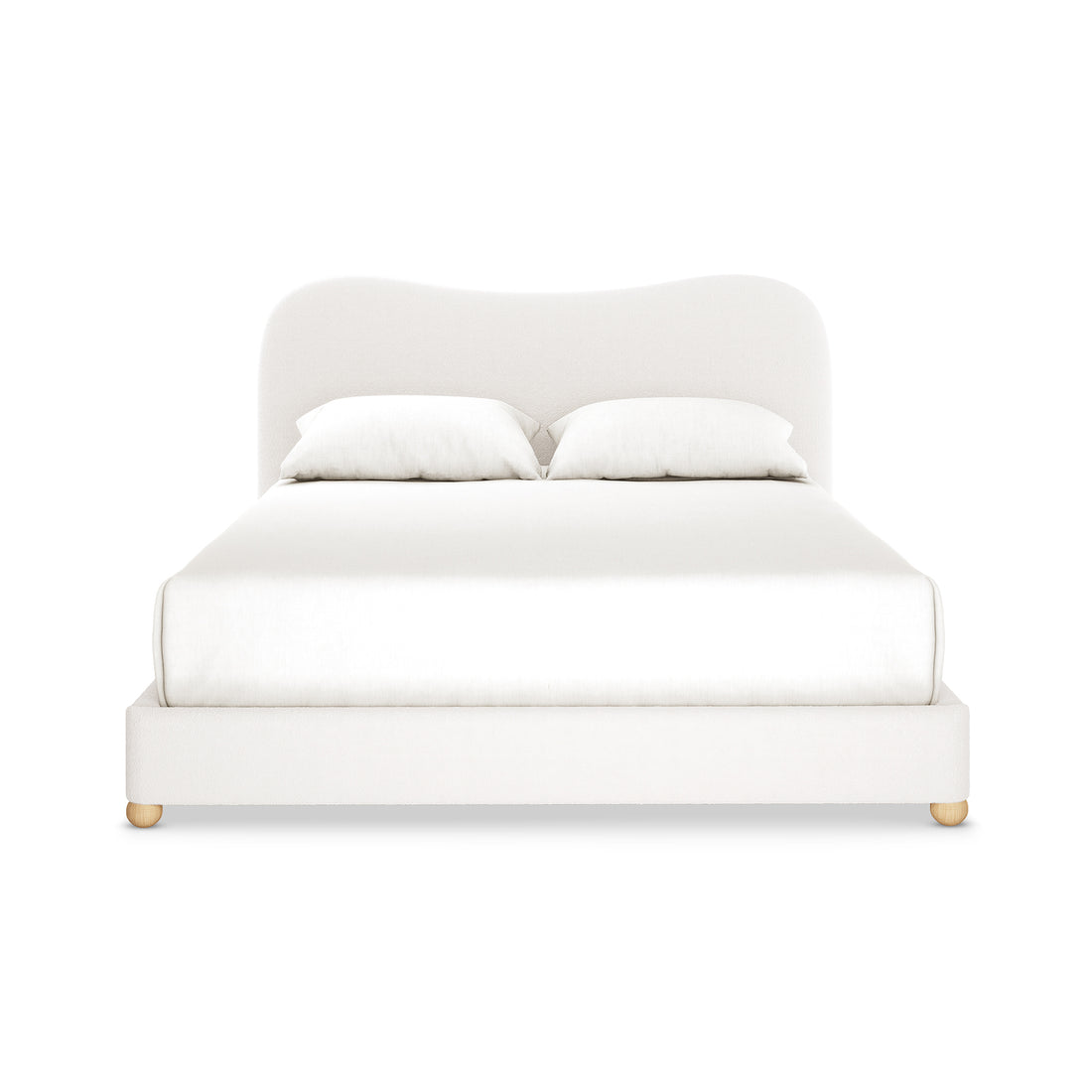 Ginnie Boucle Bed & Oriona Mattress - Queen Cream features a plush curved headboard and luxurious bouclé fabric, paired with a 25cm cool gel pocket spring mattress for ultimate comfort and style.