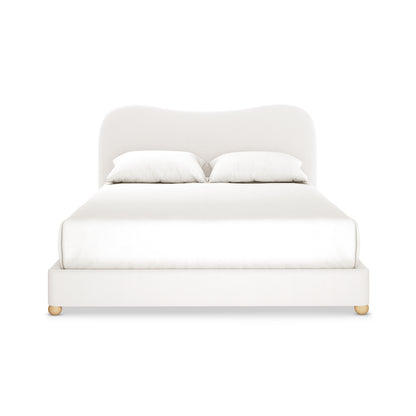 Ginnie Boucle Bed & Oriona Mattress - Queen Cream features a plush curved headboard and luxurious bouclé fabric, paired with a 25cm cool gel pocket spring mattress for ultimate comfort and style.