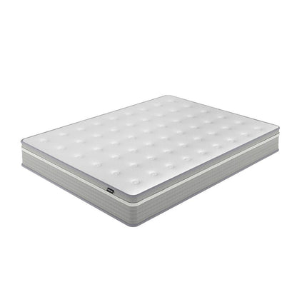 Ginnie Boucle Bed & Oriona Mattress - Queen Cream: Elegant bed frame with plush curved headboard and luxurious texture, paired with a thick, supportive mattress for ultimate comfort.