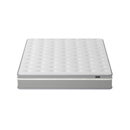 Ginnie Boucle Bed & Oriona Mattress - Queen Cream featuring a plush curved headboard and 25cm Cool Gel Pocket Spring Mattress on a white background, showcasing its elegant and modern design.