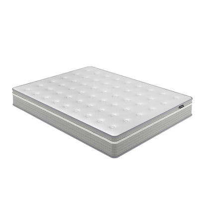 Ginnie Bouclé Bed & Oriona Mattress - Queen Cream on a white background, showcasing the plush curved headboard and thick mattress, highlighting the modern, minimalist design and luxurious texture.