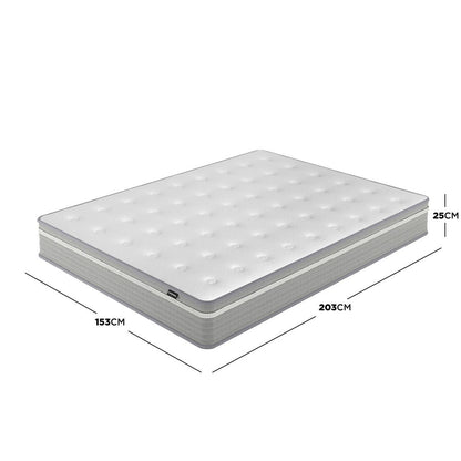 Ginnie Boucle Bed & Oriona Mattress - Queen Cream; features a plush curved headboard, low base, and thick mattress with cool gel memory foam and pocket springs for optimal comfort and support.