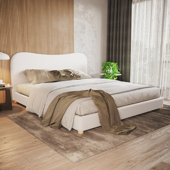 Ginnie Boucle Bed & Oriona Mattress - King Cream features a plush curved headboard, cozy bouclé fabric, and a sturdy timber frame, complemented by a supportive, cool gel mattress.
