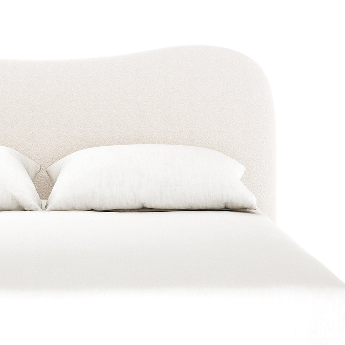 Ginnie Boucle Bed & Oriona Mattress - King Cream, featuring a close-up of the elegant curved headboard in bouclé fabric, and a plush white pillow enhancing the cozy, modern style.