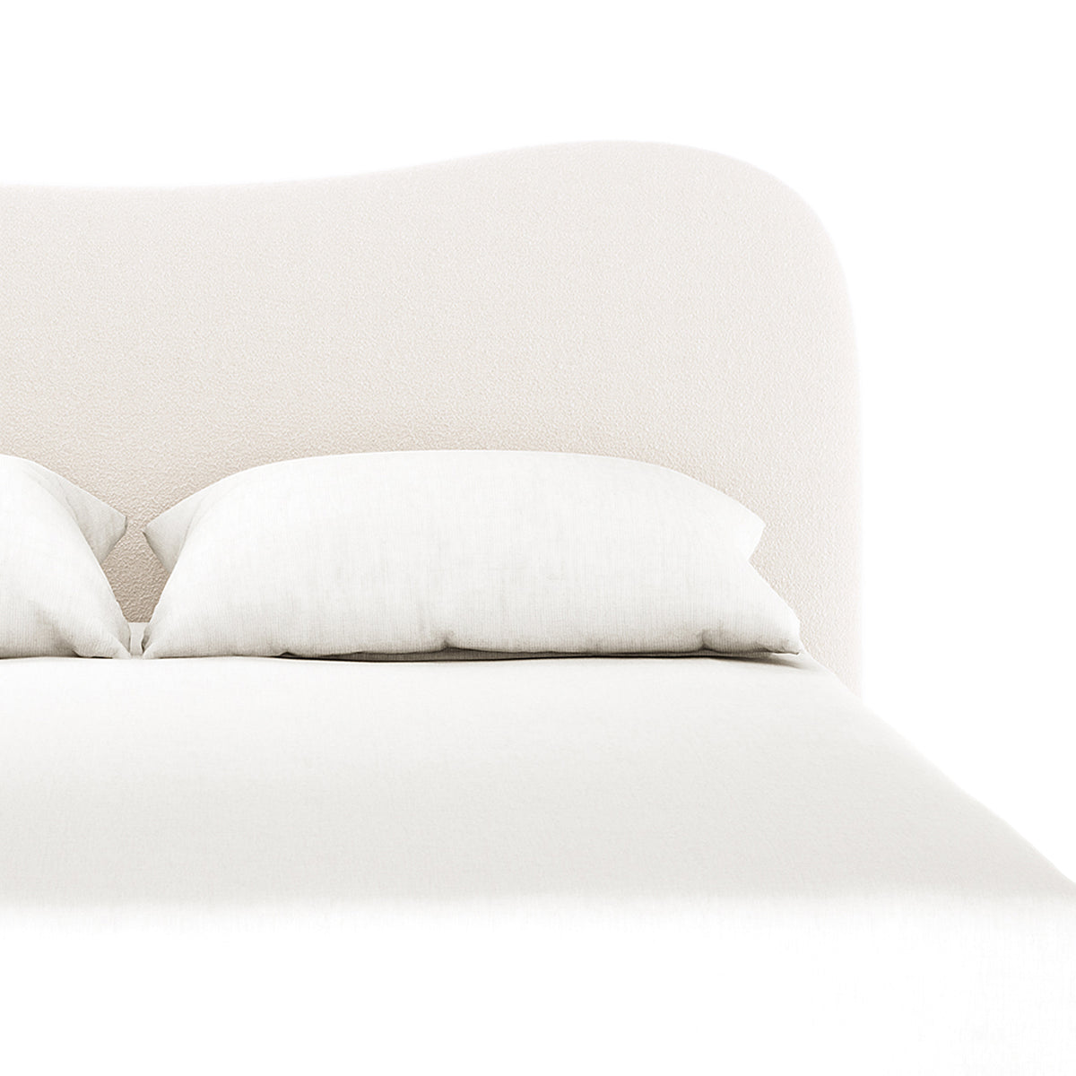 Ginnie Boucle Bed & Oriona Mattress - King Cream, featuring a close-up of the elegant curved headboard in bouclé fabric, and a plush white pillow enhancing the cozy, modern style.