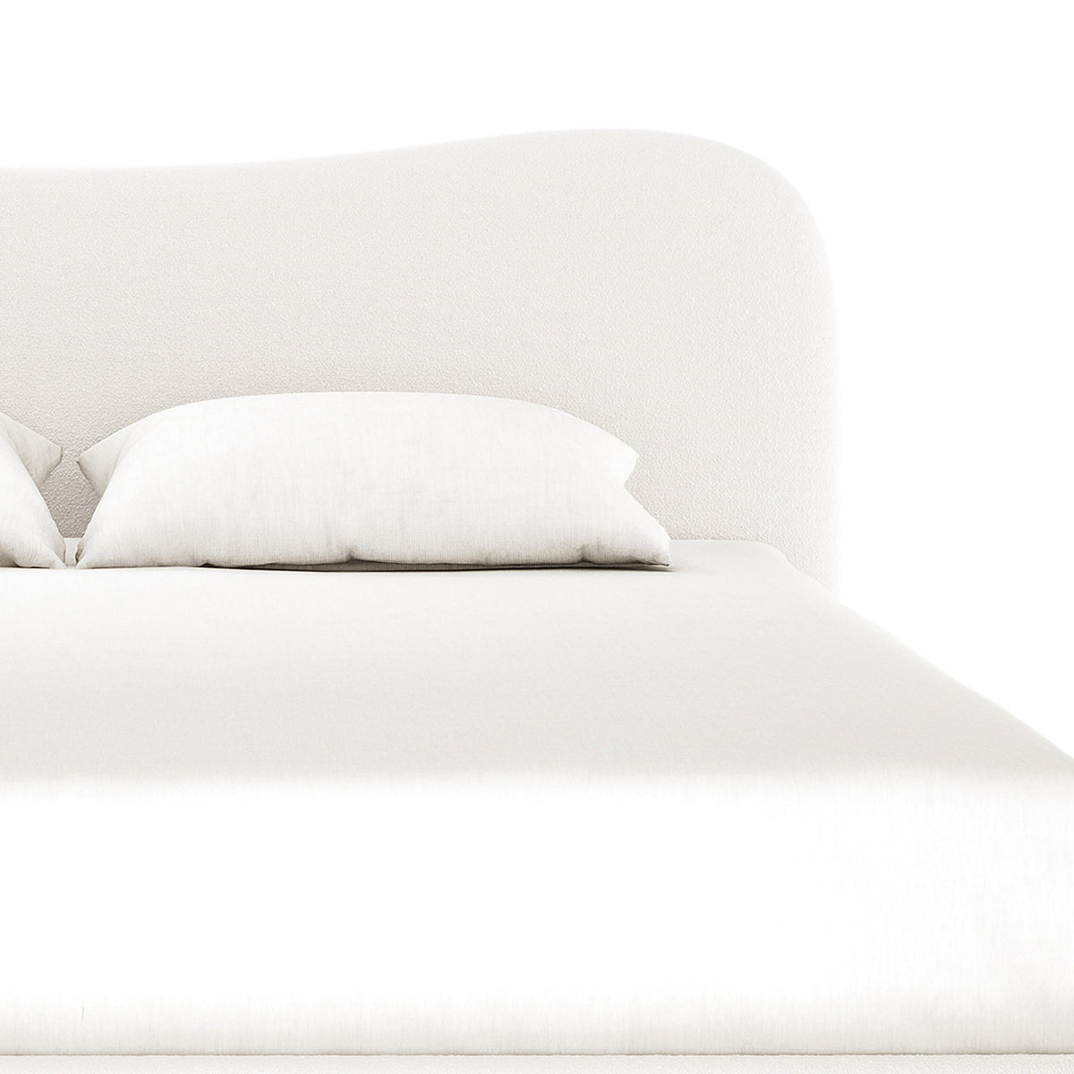 Ginnie Boucle Bed & Oriona Mattress - Super King, featuring a plush curved headboard in bouclé fabric and a thick, cool gel pocket spring mattress, displayed on a neatly made bed.
