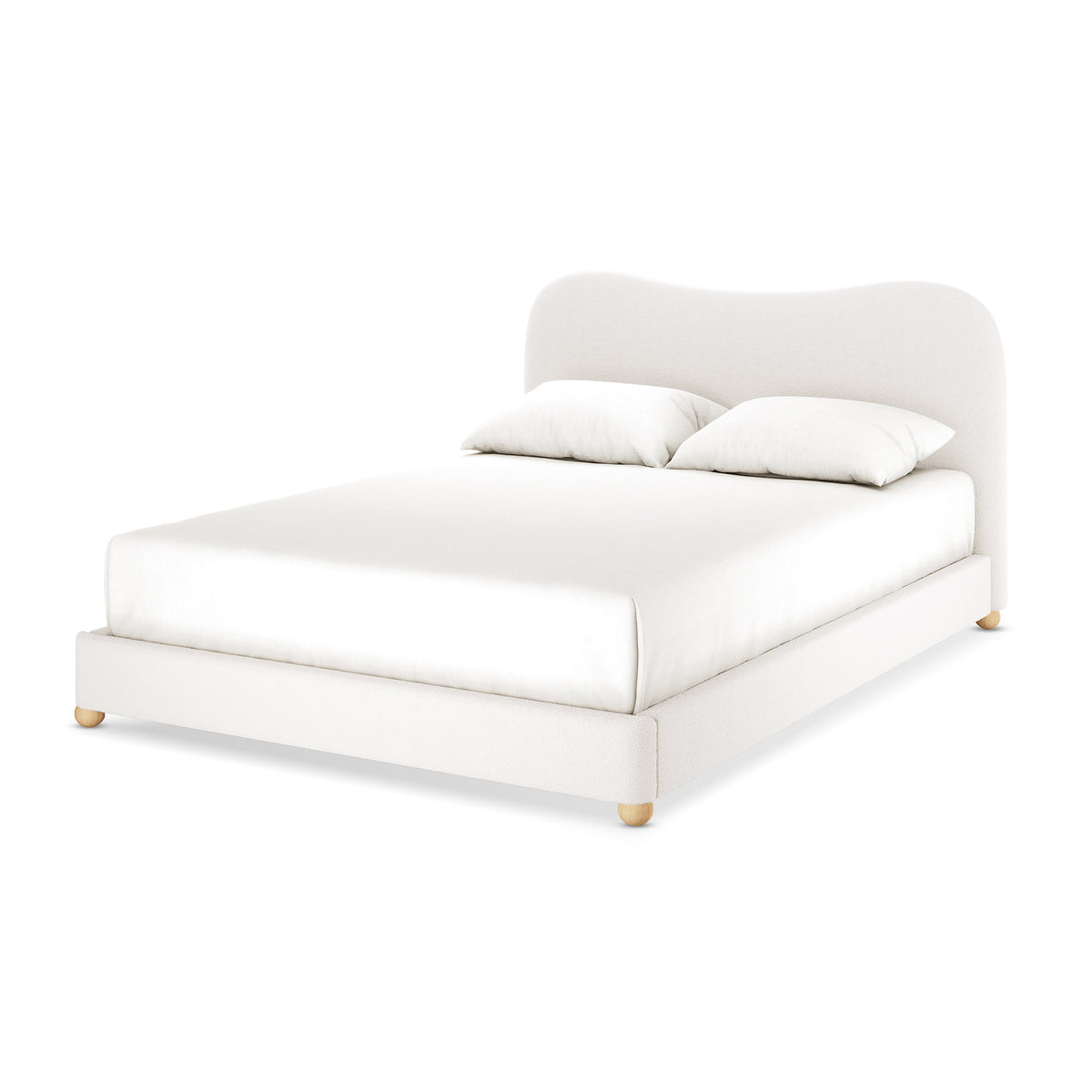 Ginnie Bouclé Curved Queen Bed Frame – Cream White, featuring a low-profile upholstered platform, softly curved headboard, and plush bouclé fabric, designed for modern elegance and comfort.