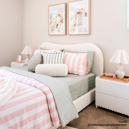 Ginnie Queen Curved Bouclé Cloud Bed Frame in Cream White with curved headboard and upholstered base
