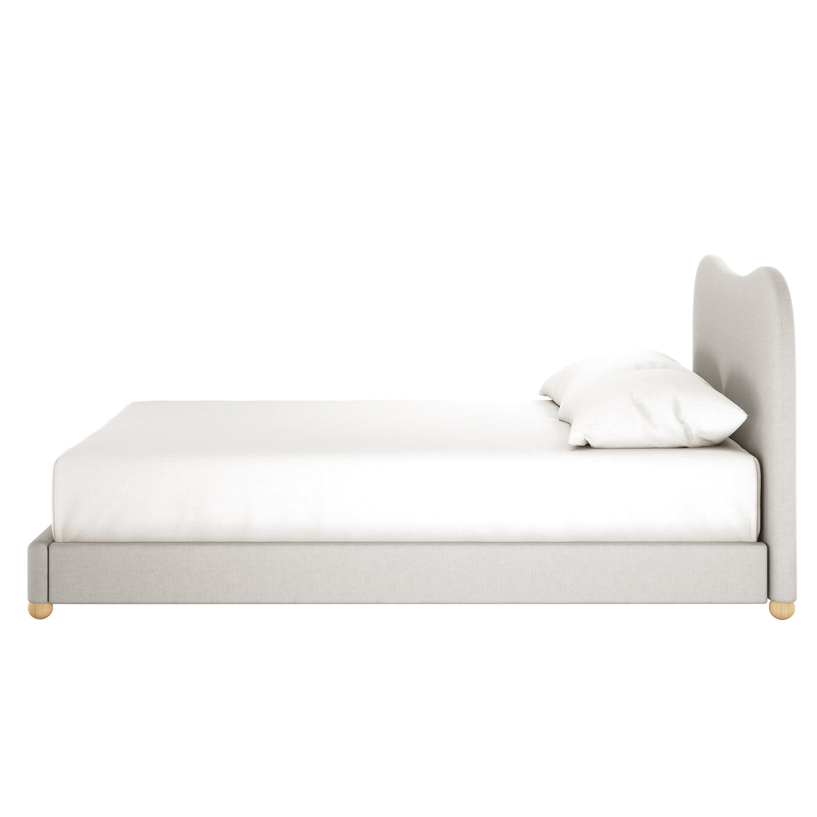 Side view of the Ginnie Linen Curved Queen Bed Frame in Grey, showcasing its light-gray upholstered frame, curved headboard, white mattress, and wooden feet against a plain background.