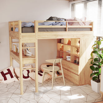 Gio Loft Bed with Cabinet and Desk King Single Natural featuring an elevated sleeping area, built-in study desk, open shelves, and drawers, ideal for compact spaces with a sleek, modern design.