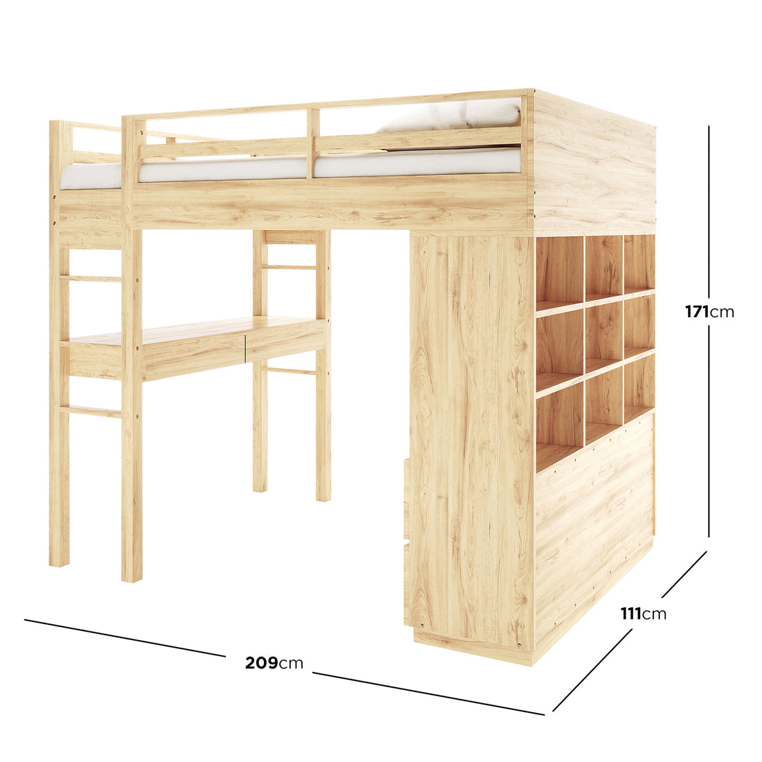 Gio Loft Bed with Cabinet and Desk King Single Natural featuring a wooden bunk bed with integrated shelves and a desk, showcasing a practical, space-saving design ideal for small rooms or shared spaces.