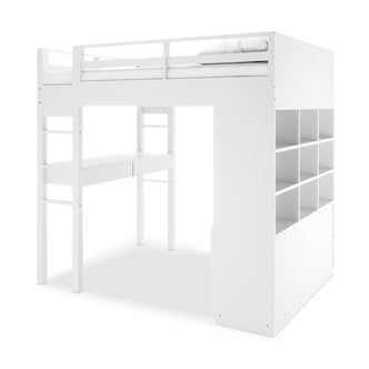 Gio Loft Bed with Cabinet and Desk King Single White features an elevated bed, built-in desk with drawers, and open shelving, offering a compact and functional furniture solution.