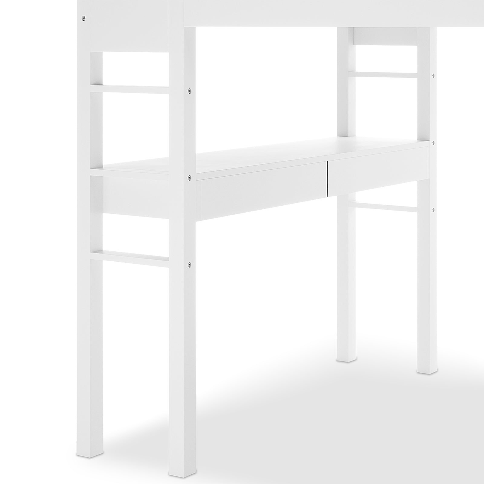Gio Loft Bed with Cabinet and Desk King Single White, featuring a sleek design with integrated drawers, a sturdy ladder, and a built-in desk for space-efficient storage and study in compact rooms.