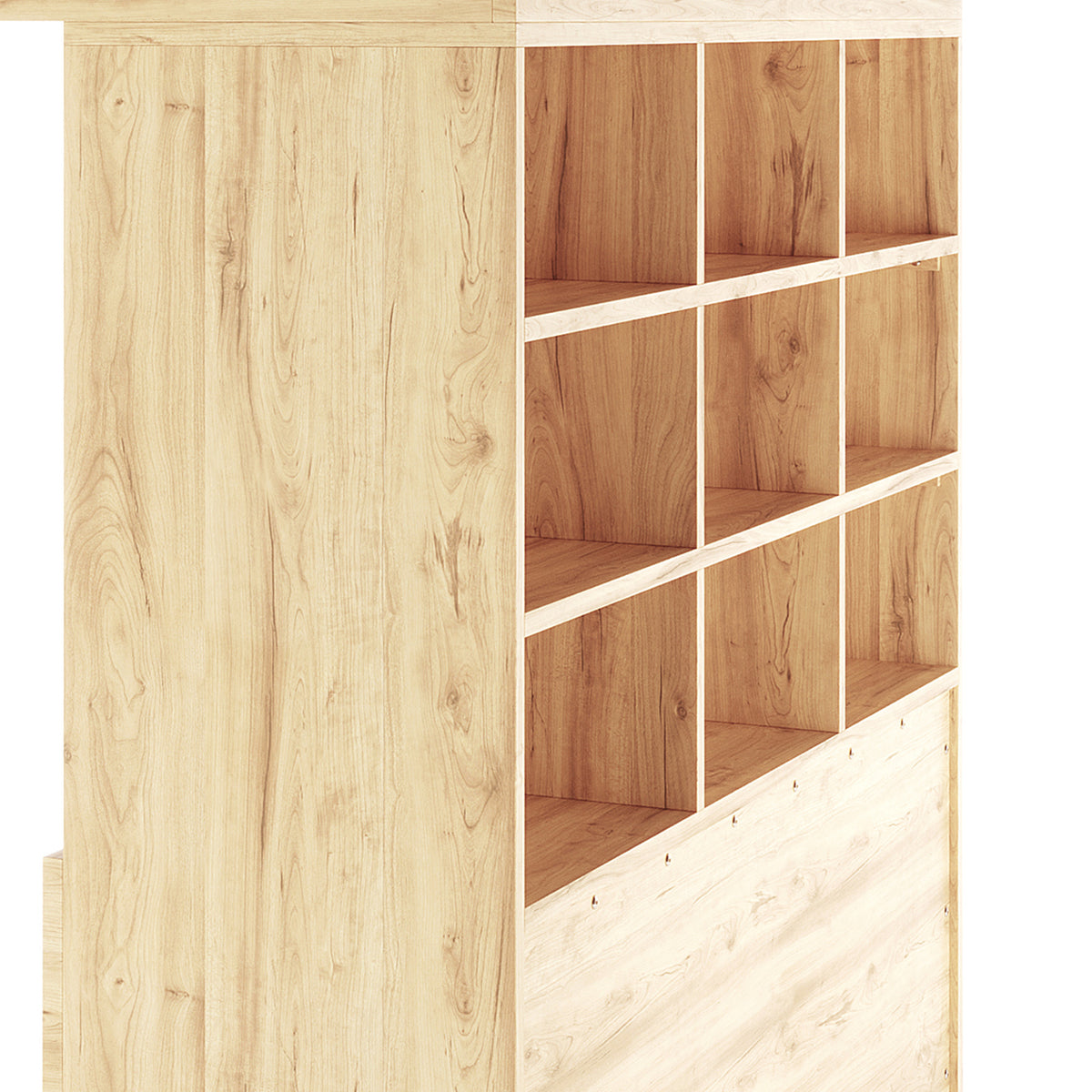 Gio Double Wooden Storage Loft Bed with Desk in Natural, featuring a light-wood storage unit with nine square cubbyholes, showcasing a natural oak-style grain, designed for organizing books and toys.