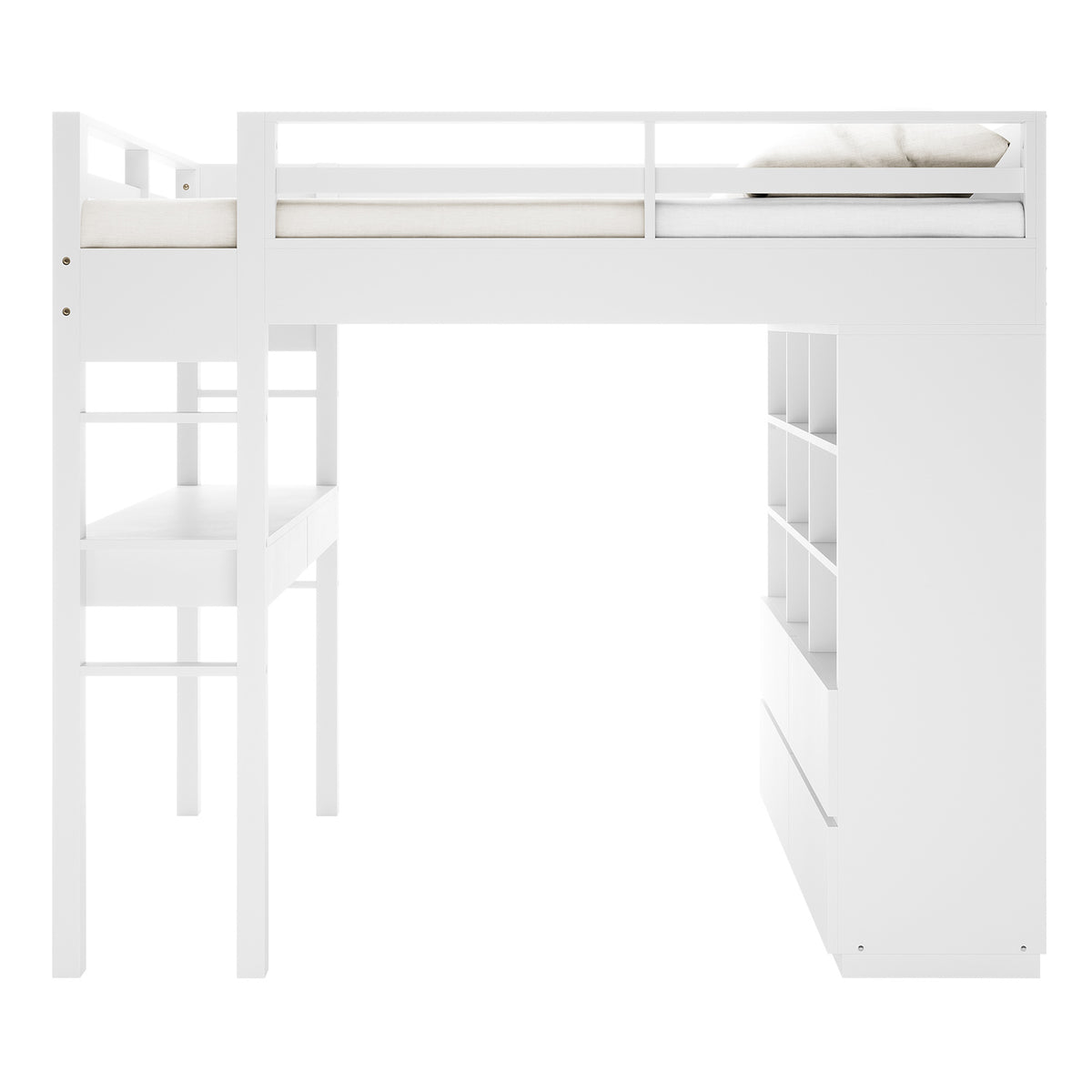 Gio & Vesta Double Storage Loft Bed & Mattress Set in White features a loft bed with ladder access, integrated desk, storage unit with cubbyholes and drawers, and a Vesta mattress for comfort.