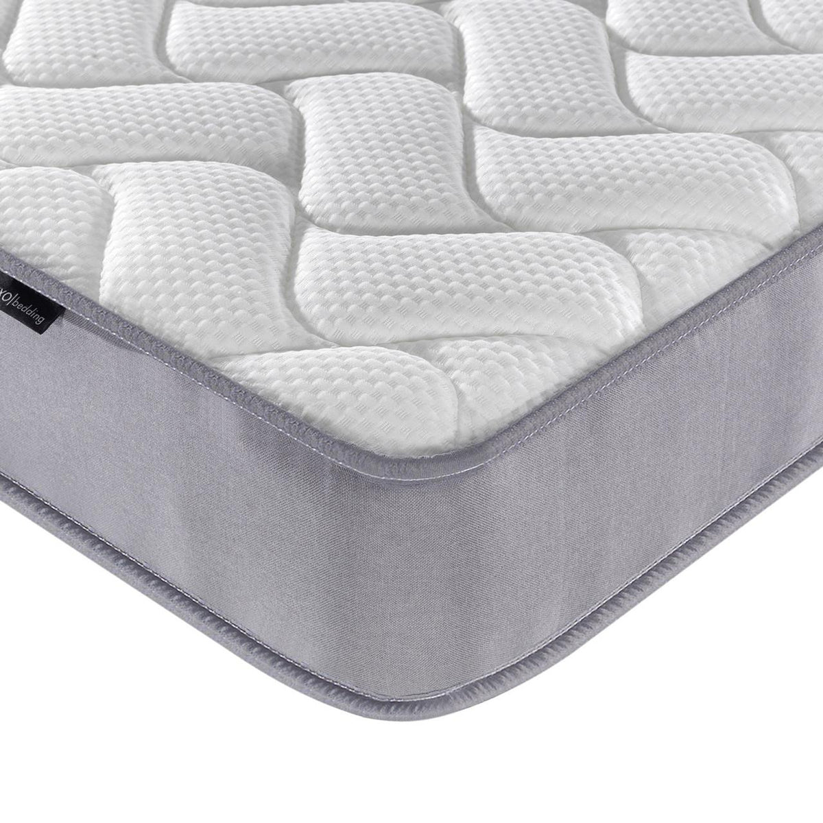 Corner view of Gio & Vesta Double Storage Loft Bed & Mattress Set in White, highlighting the quilted, textured pillow-top of the Vesta mattress and light-gray fabric-wrapped side.