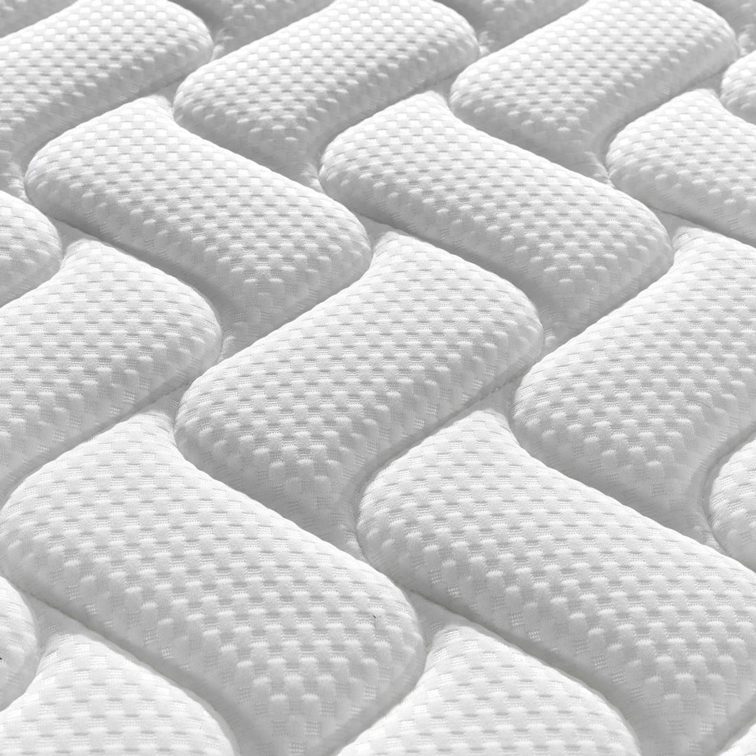 Close-up of the Gio & Vesta Double Storage Loft Bed & Mattress Set in White, showcasing the quilted Vesta mattress's zig-zag stitching, highlighting its plush, supportive surface.
