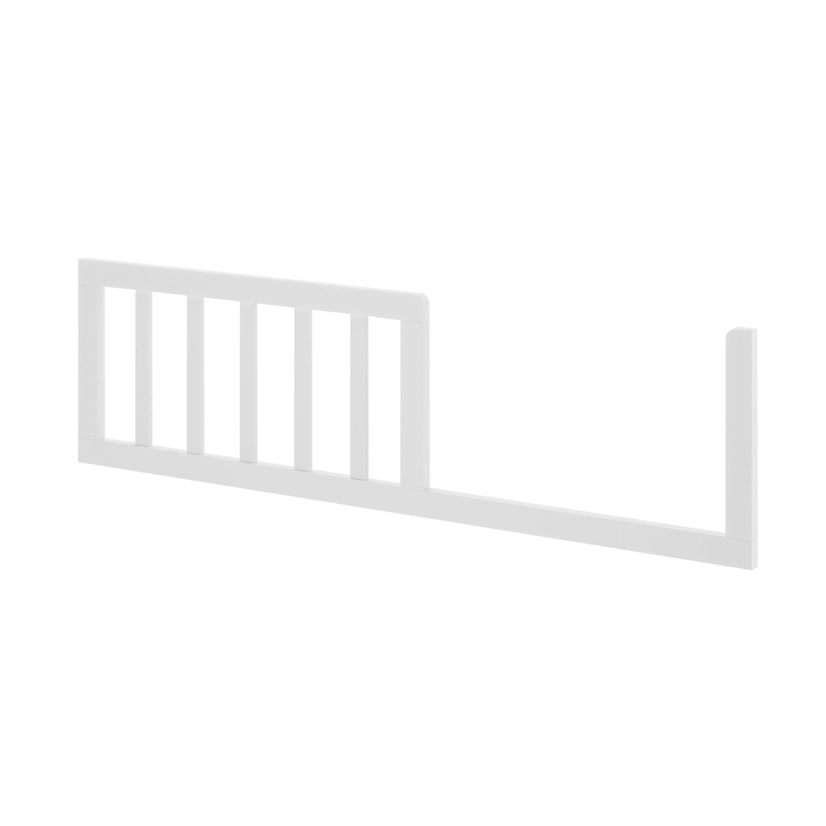 Giro Solid Pine Toddler Bed Rail Kit – White features a low, white safety rail with vertical slats and mounting posts, designed for secure attachment to toddler beds to prevent rolling out.