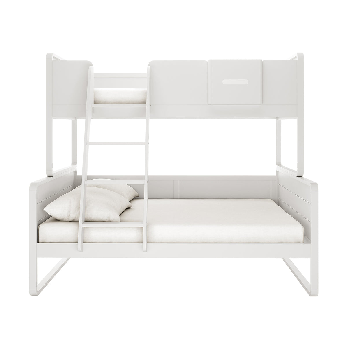 Glauca Solid Pine Wood 2-in-1 Triple Bunk Bed in White, featuring a minimalist design with a larger lower bed, smaller upper bunk, central ladder, and guardrails, showcasing space-saving versatility and safety.