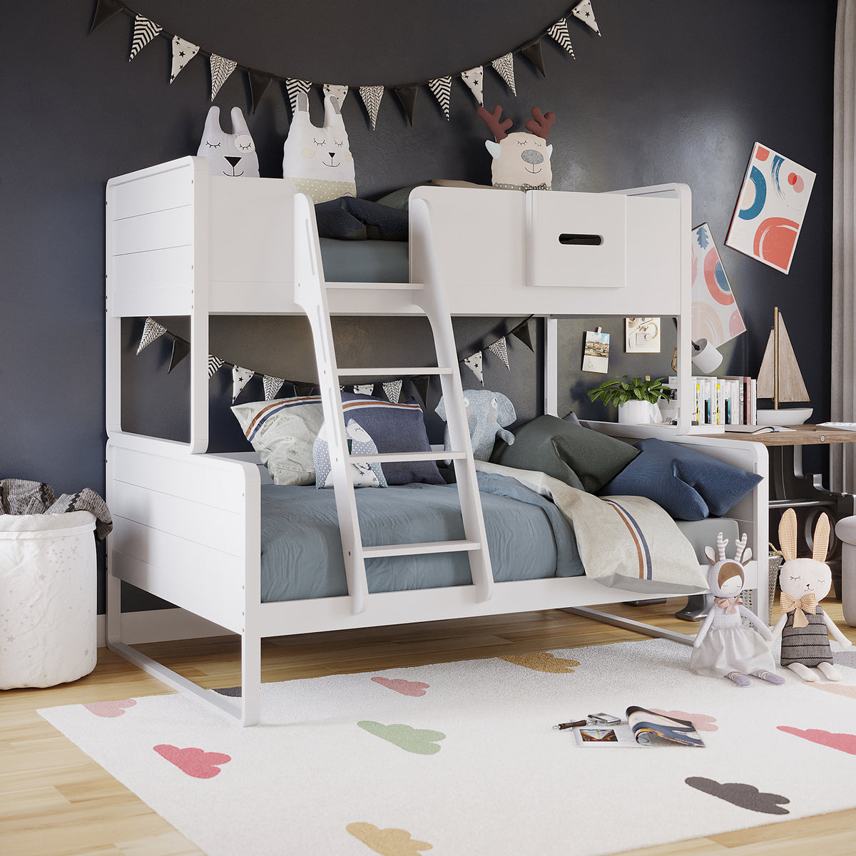 Glauca Solid Pine Wood 2-in-1 Triple Bunk Bed in White, featuring a sturdy, sleek design with an integrated ladder, teal bedding, plush toys, and black-and-white pennant flags, creating a charming and functional bedroom corner.