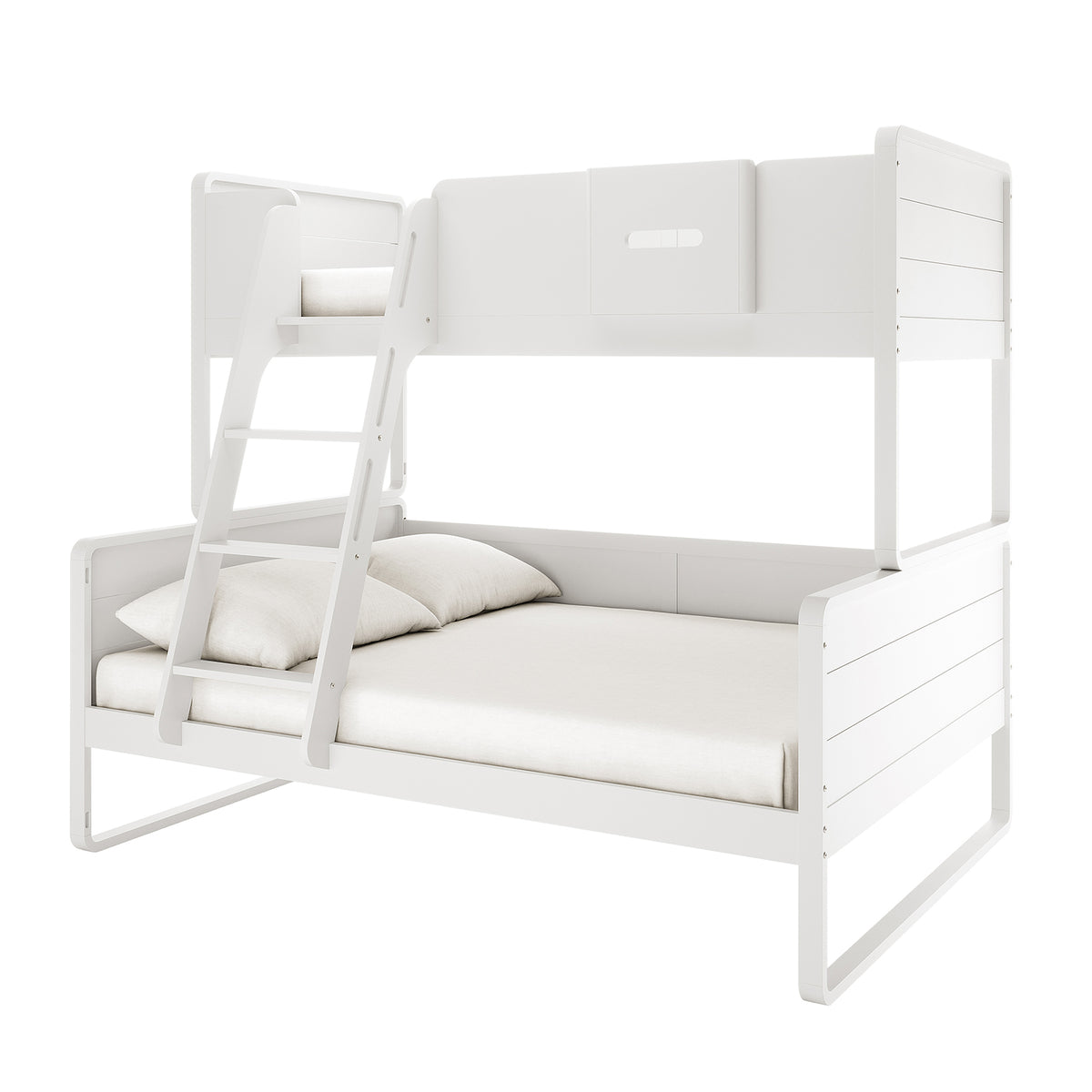 Glauca Solid Pine Wood 2-in-1 Triple Bunk Bed in White features a sleek design with a larger lower bed, smaller upper bunk with guardrails, and an angled ladder for easy access.