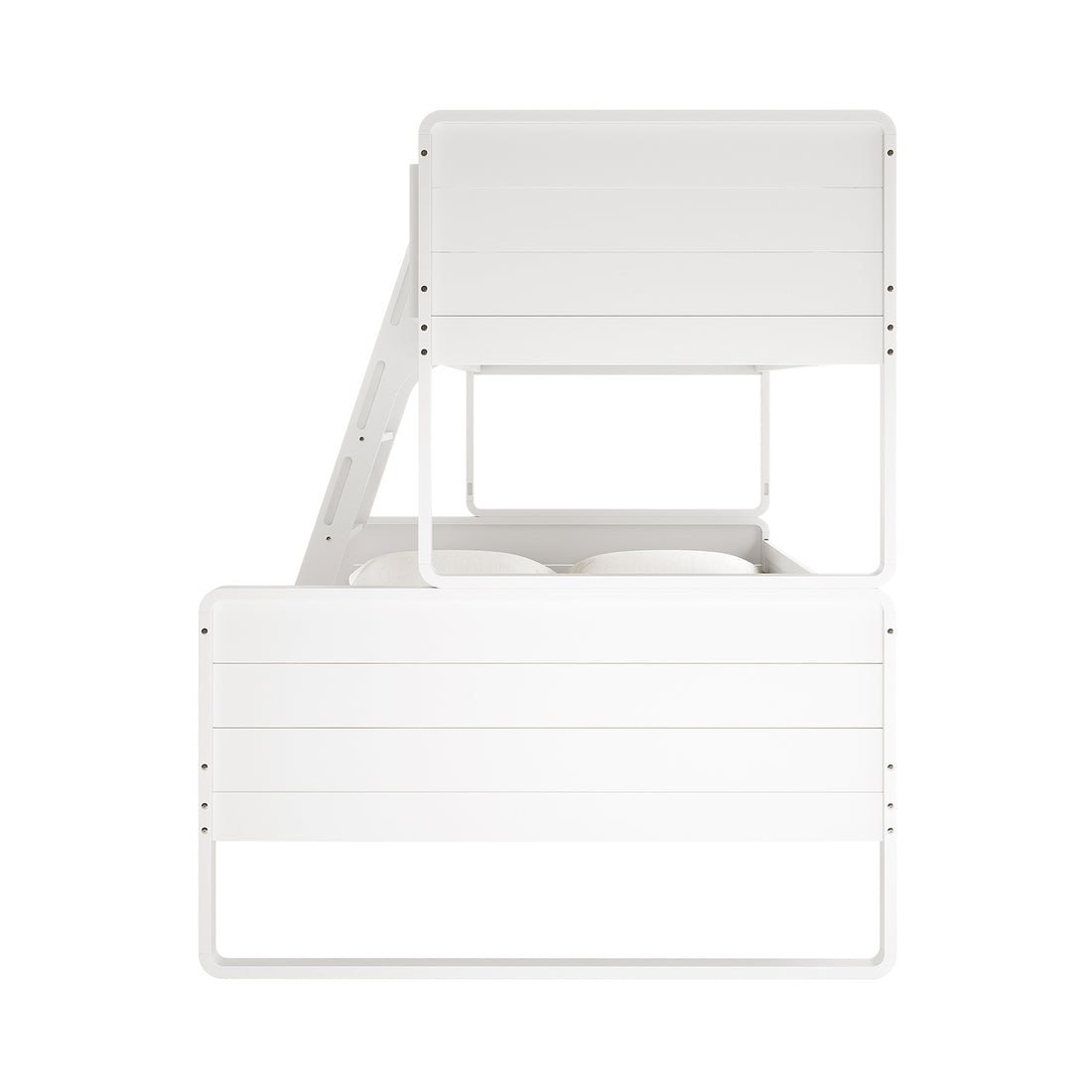 Glauca Solid Pine Wood 2-in-1 Triple Bunk Bed in White, featuring a sleek, minimalist design with a twin over double setup, wooden slats, metal supports, and a left-side ladder for easy access.