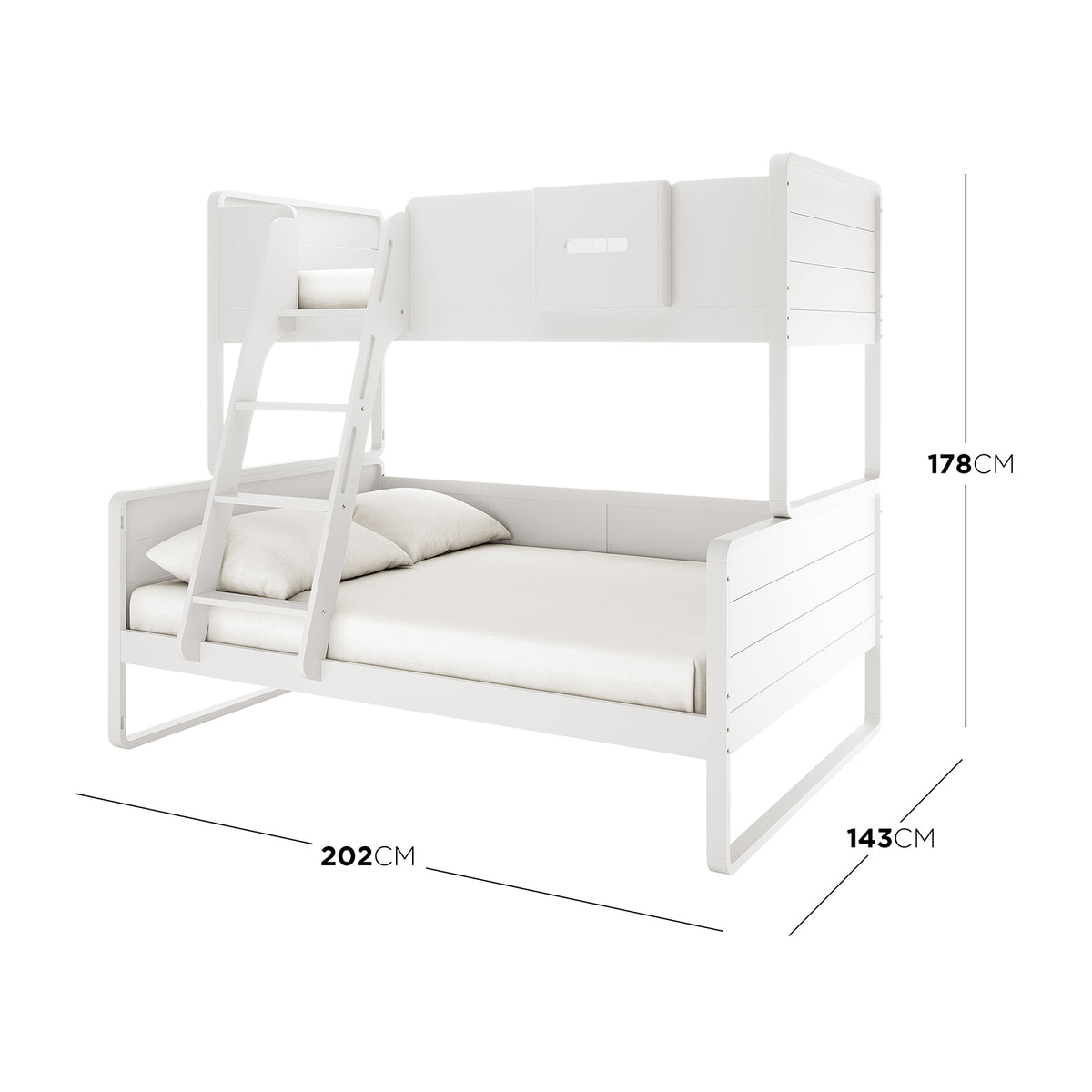 Glauca Solid Pine Wood 2-in-1 Triple Bunk Bed in White, featuring a modern design with a larger lower platform, smaller upper bunk with safety rails, and an adjustable angled ladder, dimensions overlayed.