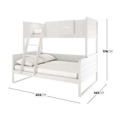 Glauca Solid Pine Wood 2-in-1 Triple Bunk Bed in White, featuring a modern design with a larger lower platform, smaller upper bunk with safety rails, and an adjustable angled ladder, dimensions overlayed.